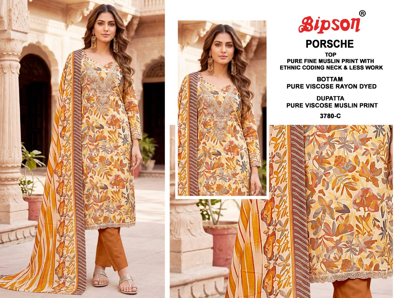 PORSCHE 3780 By BIPSON PRINTS Stylish Beautiful Colourful PREMIUM MUSLIN Dresses At Wholesale Price